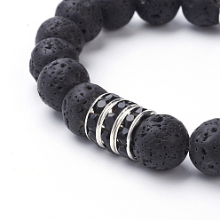 Lava Rock Natural Lava Rock Stretch Bracelets, with Brass Rhinestone Spacer Beads and Alloy Hollow Tube Beads, Round, 2 inch(53mm)