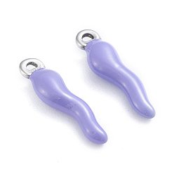 Lilac 304 Stainless Steel Pendants, Enamelled Sequins, Horn of Plenty/Italian Horn Cornicello Charms, Stainless Steel Color, Lilac, 17.5x4.5x3.5mm, Hole: 1mm