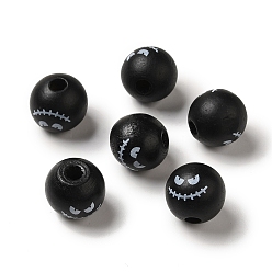 Black Printed Round Wood European Beads, Halloween Theme Large Hole Beads, Monster Face, Black, 16mm, Hole: 4mm
