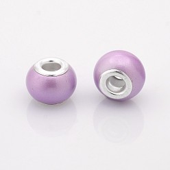 Plum Spray Painted Glass European Beads, Large Hole Rondelle Beads, with Silver Tone Brass Cores, Plum, 14x11mm, Hole: 5mm