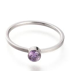 Violeta 304 anillos de dedo del acero inoxidable, con diamante de imitación, plano y redondo, color acero inoxidable, violeta, tamaño de EE. UU. 7~7 3/4 (17.3~17.9 mm)