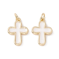 White Enamel Pendants, with Real 18K Gold Plated Brass Findings and Jump Ring, Lead Free & Cadmium Free, Cross, White, 18x13x2mm, Jump Ring: 5x0.8mm, 3.4mm Inner Diameter.