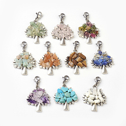 Mixed Stone Pendant Decorations Sets, Synthetic/Natural Mixed Stone Chip Beads with Alloy Pendants, Stainless Steel Findings, Tree, Antique Silver & Stainless Steel Color, 39mm, Pendant: 28x24x4.5mm, 10pcs/set
