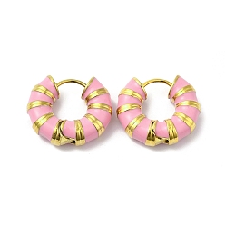 Pink Enamel Round Hoop Earrings, Real 14K Gold Plated 304 Stainless Steel Jewelry for Women, Pink, 18x21x6mm, Pin: 1mm