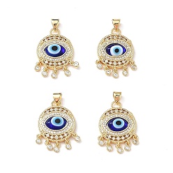 Blue Lampwork Evil Eye Pendants with Colorful Cubic Zirconia, Real 18K Gold Plated Brass Findings, Lead Free & Cadmium free, Blue, 25x18x5mm, Hole: 4x3.5mm