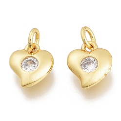 Golden Brass Micro Pave Clear Cubic Zirconia Charms, with Jump Ring, Heart, Golden, 8.5x7x2.5mm, Hole: 1.5mm, Jump Rings: 3.5x0.8mm