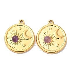 Amethyst Ion Plating(IP) 316 Stainless Steel Flat Round Pendants, Natural Amethyst Sun & Moon Charms, Real 24K Gold Plated, 21.5x18x4.5mm, Hole: 1.6mm