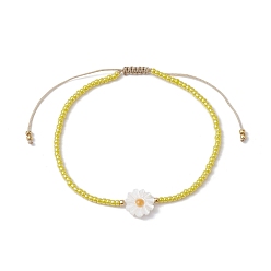 Jaune Bracelets de perles tressées en coquillage naturel et graines de verre, bracelet en nylon réglable, jaune, diamètre intérieur: 2-1/8~3-1/8 pouce (5.5~8 cm)