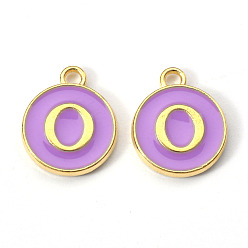 Letter O Golden Plated Alloy Enamel Charms, Enamelled Sequins, Flat Round with Letter, Medium Purple, Letter.O, 14x12x2mm, Hole: 1.5mm
