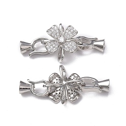 Platinum Rack Plating Flower Brass Pave Clear Cubic Zirconia Fold Over Clasps, Cadmium Free & Lead Free, Long-Lasting Plated, Platinum, Flower: 17x17x6mm, Clasp: 12x7x5.5mm, Inner Diameter: 3.5mm