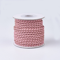 Pink Cordons de cuir tressés, ronde, rose, 3 mm, environ 10 mètres / rouleau