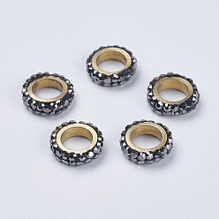 Hematite Polymer Clay Rhinestone Beads, with Brass Findings, Ring, Golden, Hematite, 10x3mm, Hole: 6mm