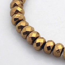 Copper Plated Electroplate Non-magnetic Synthetic Hematite Beads Strands, Faceted Rondelle, Copper Plated, 6x4mm, Hole: 1mm, about 102pcs/strand, 15.7 inch