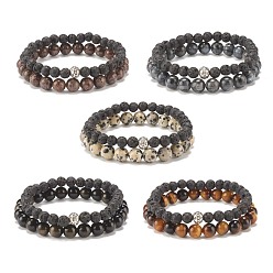 Mixed Stone 2Pcs 2 Style Natural Gemstone & Lava Rock Stretch Bracelets Set, Essential Oil Gemstone Jewelry for Women, Inner Diameter: 2-1/8 inch(5.4cm), 1Pc/style