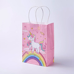 Pink Sacs en papier kraft, avec poignées, sacs-cadeaux, sacs à provisions, rectangle, motif de licorne, rose, 21x15x8 cm