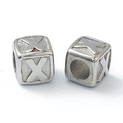 Letter X 304 Stainless Steel European Beads, Large Hole Beads, Horizontal Hole, Cube with Letter, Stainless Steel Color, Letter.X, 8x8x8mm, Hole: 4mm