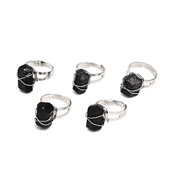 Tourmaline Adjustable Wire Wrapped Natural Black Tourmaline Finger Rings, with Platinum Plated Brass Findings, Nuggets, Size: 9, Inner Diameter: 19~19.5mm