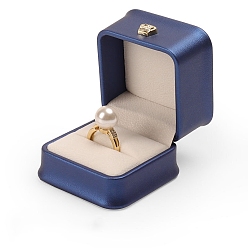Bleu Nuit Couronne carrée pu bague en cuir boîte à bijoux, étui cadeau de rangement pour bagues, de velours à l'intérieur, pour le mariage, engagement, bleu minuit, 5.8x5.8x4.8 cm