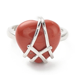 Piedra Roja Anillo ajustable con corazón de jaspe rojo natural, joyería de alambre de latón chapado en platino para mujer, sin plomo y cadmio, diámetro interior: 16.9~21.7 mm