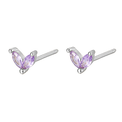 Lilac Silver 925 Sterling Silver Micro Pave Cubic Zirconia Stud Earrings, Leaf, Lilac, 5.5mm