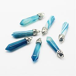 Natural Agate Dyed Bullet Natural Agate Pendants, with Platinum Tone Alloy Findings, 33~40x8~10mm, Hole: 3x2mm