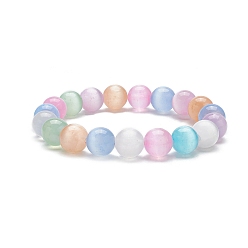 Colorful Dyed Natural Selenite Round Beaded Stretch Bracelet, Colorful, Inner Diameter: 1-7/8 inch(4.9cm)