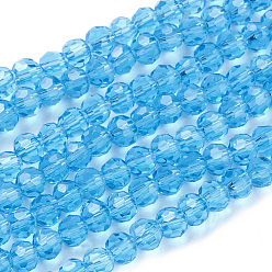 Sky Blue Glass Beads Strands, Faceted(32 Facets), Round, Sky Blue, 6mm, Hole: 1.2mm, about 88~91pcs/strand, 19.49 inch~20.08 inch(49.5~51cm)