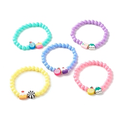 Mixed Color Candy Color Plastic Round Beaded Stretch Bracelet with Food Shape Polymer Clay for Kid, Mixed Color, Inner Diameter: 1-7/8 inch(4.8cm)