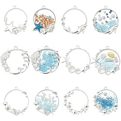 Silver 12Pcs 6 Styles Ocean Style Alloy Open Back Bezel Pendants, For DIY UV Resin, Epoxy Resin, Pressed Flower Jewelry, Ring with Sea Animals, Silver, 36~44x34~41mm, Hole: 3mm, 2pcs/style