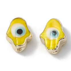 Jaune Perles en laiton, avec l'émail, réel 18 k plaqué or, main hamsa/main de miriam avec le mauvais œil, jaune, 15.5x12x6mm, Trou: 1~1.8mm