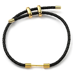 Noir Bracelet à maillons colonne en laiton avec cordons en cuir, bracelet réglable pour femme, noir, diamètre intérieur: 5/8~3 pouce (1.6~7.5 cm)