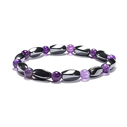 Amethyst Round Natural Amethyst Stretch Bracelets, with Non-Magnetic Synthetic Hematite Beads and Elastic Cord, 50mm