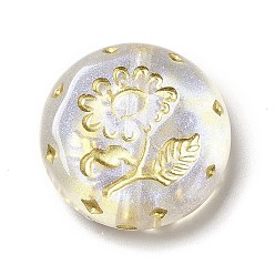 Clear Transparent Acrylic Beads, Golden Metal Enlaced, Flat Round with Flower, Clear, 18x4mm, Hole: 1.6mm, about 399pcs/500g