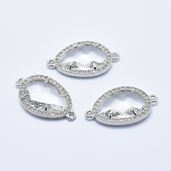 Clear Brass Micro Pave Cubic Zirconia Links, with Glass, Faceted, Teardrop, Platinum, Clear, 28x16x4.5mm, Hole: 1.6mm