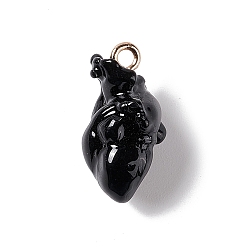 Noir Pendentifs en résine transparente, charmes de coeur anatomiques, avec boucles en fer plaqué or, noir, 20.5~21.5x11.5x11mm, Trou: 2mm