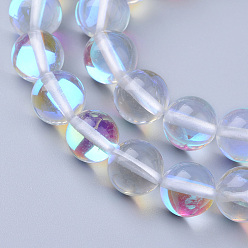 Clear Synthetic Moonstone Beads Strands, Holographic Beads, Dyed, Round, Clear, 10mm, Hole: 1mm, about 36~39pcs/strand, 14~15 inch