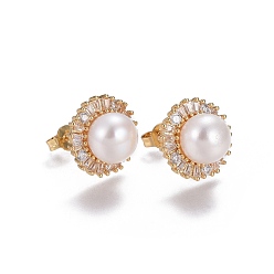 Clear Brass Micro Pave Cubic Zirconia Stud Earrings, with Pearl, Golden, Clear, 20.8x14mm, Pin: 0.7mm