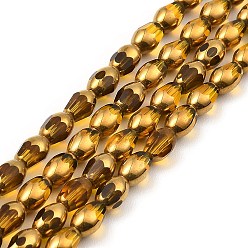 Verge D'or Foncé Brins de perles de verre électrolytiques à facettes, plaqué or, ovale, verge d'or noir, 6.5~7x4mm, Trou: 0.8mm, Environ 50 pcs/chapelet, 13.39'' (34 cm)