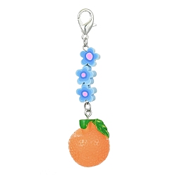 Orange Fruit Resin Pendant Decoration, Zinc Alloy Lobster Claw Clasps and Flower Polymer Clay Beads Charm, Orange, 78mm