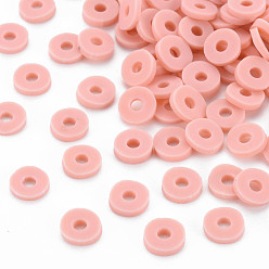 Pink Perles d'argile polymère faites à la main respectueuses de l'environnement, disque / plat rond, perles heishi, rose, 6x1mm, Trou: 2mm, environ23500 pcs / 1000 g