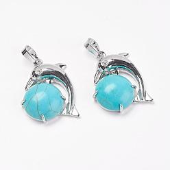 Synthetic Turquoise Synthetic Turquoise Pendants, with Brass Findings, Dolphin, Platinum, 30x23x8mm, Hole: 5x8mm