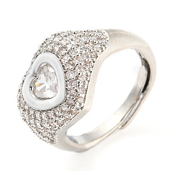 Blanco Anillo ajustable con corazón esmaltado y circonita cúbica transparente, anillo de latón platino, sin plomo y el cadmio, blanco, diámetro interior: 17.6 mm