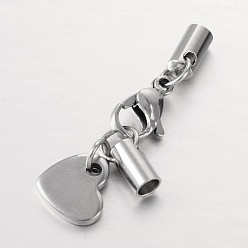 Stainless Steel Color 304 Stainless Steel Lobster Claw Clasps, with Cord Ends and Heart Charms, Stainless Steel Color, 34mm, Hole: 3mm