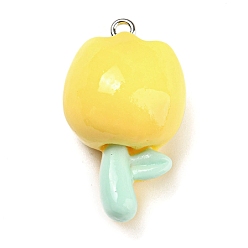 Gold Opaque Resin Pendants, Flower Charms, with Platinum Tone Iron Loops, Gold, 31x18x15mm, Hole: 1.6mm