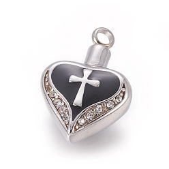 Black 304 Stainless Steel Pendants, with Enamel and Rhinestone, Perfume Bottle, Heart with Cross, Black, 33x22.5x11mm, Hole: 4mm