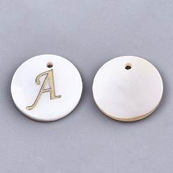 Letter A Natural Freshwater Shell Pendants, with Golden Plated Brass Etched Metal Embellishments, Flat Round with Letter, Letter.A, 15x2mm, Hole: 1.2mm