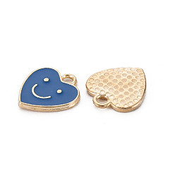 Marine Blue Alloy Enamel Charms, Cadmium Free & Lead Free, Light Gold, Heart with Smile, Marine Blue, 13x12x1.5mm, Hole: 1.6mm