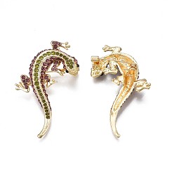 Peridoto Broche de aleación gecko con diamantes de imitación, 3 pin de solapa animal d para ropa de mochila, libre y sin plomo níquel, dorada luz, peridoto, 52x34.5 mm