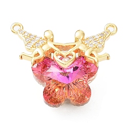 Hot Pink Glass Pendants, Butterfly Charms, with Real 18K Gold Plated Rack Plating Brass Micro Pave Clear Cubic Zirconia Angel, Long-Lasting Plated, Cadmium Free & Lead Free, Hot Pink, 23.5x29x12mm, Hole: 1.6mm