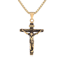 Antique Golden Cross Pendant Necklace with Jesus Crucifix Religious Necklace Sacrosanct Charm Neck Chain Jewelry Gift for Birthday Easter Thanksgiving Day, Antique Golden, 21.65 inch(55cm)